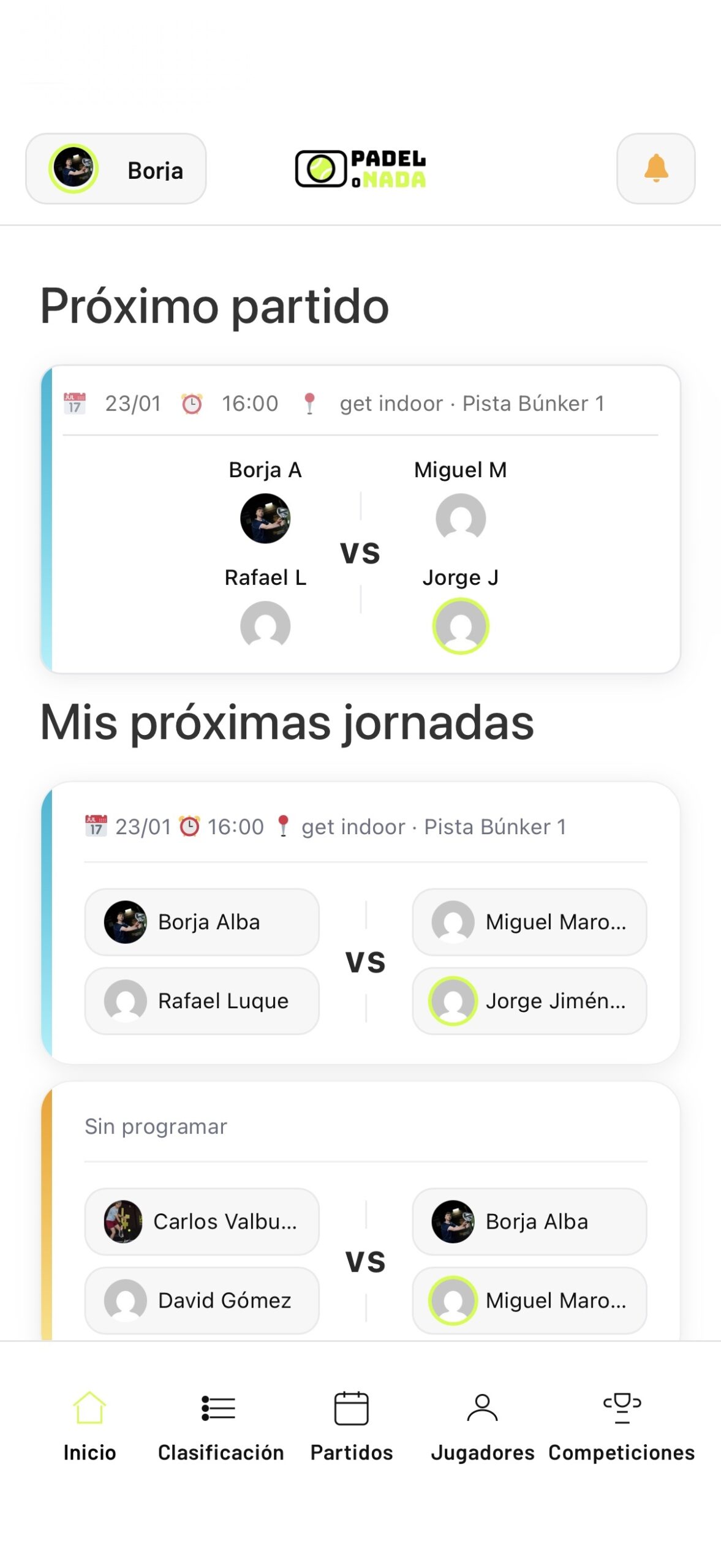 Pantalla de inicio de la WebApp Pádel o Nada