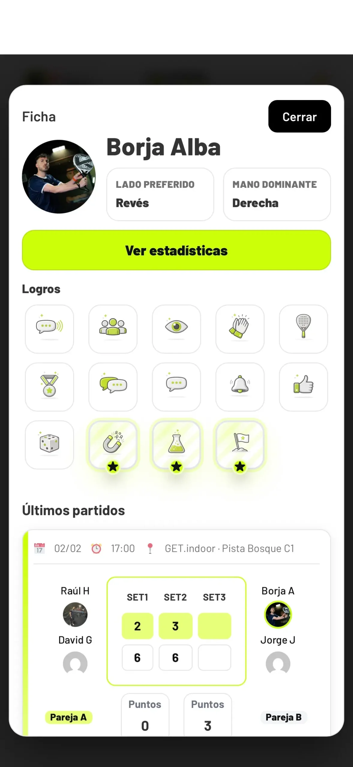 Detalle de jugador en la WebApp Pádel o Nada