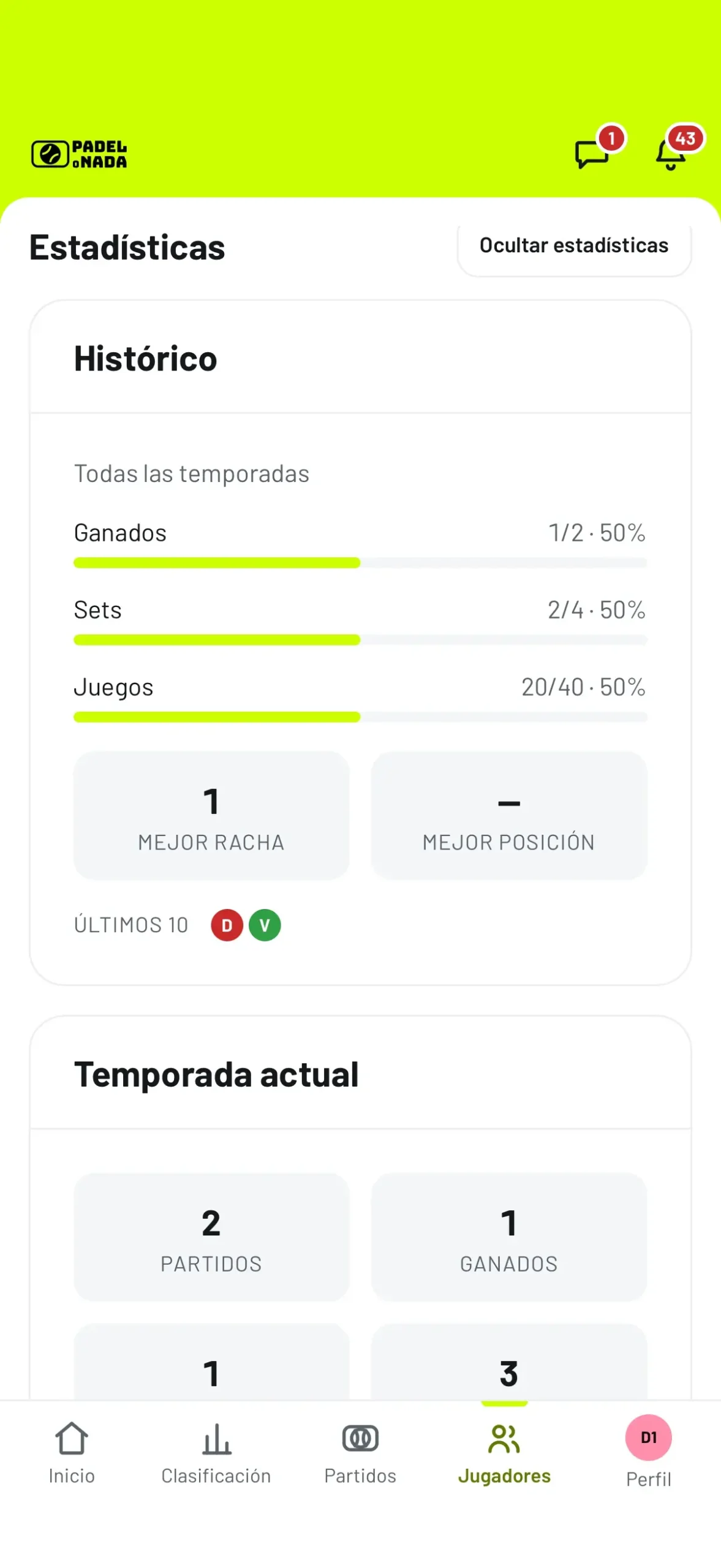 Detalle de jugador en la WebApp Pádel o Nada