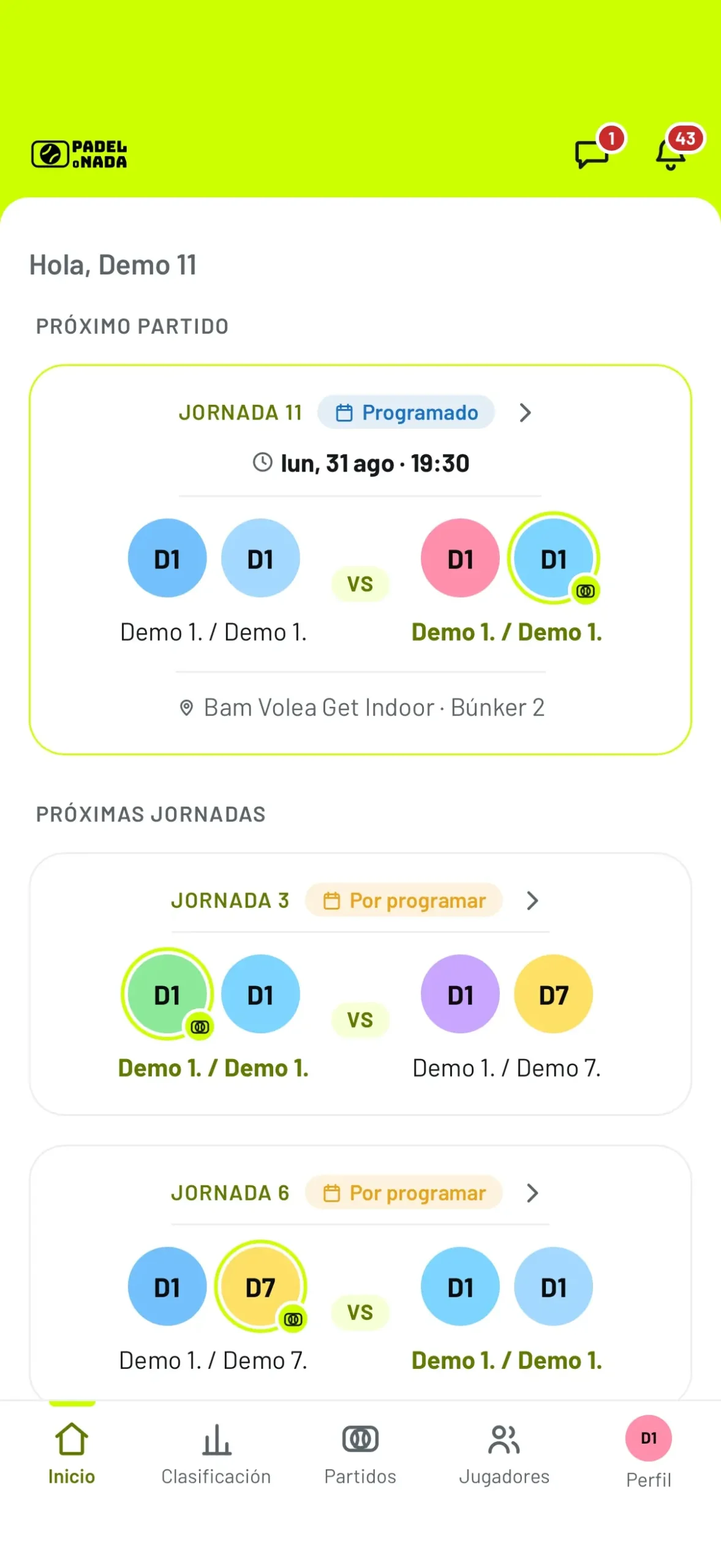 Pantalla de inicio de la WebApp Pádel o Nada